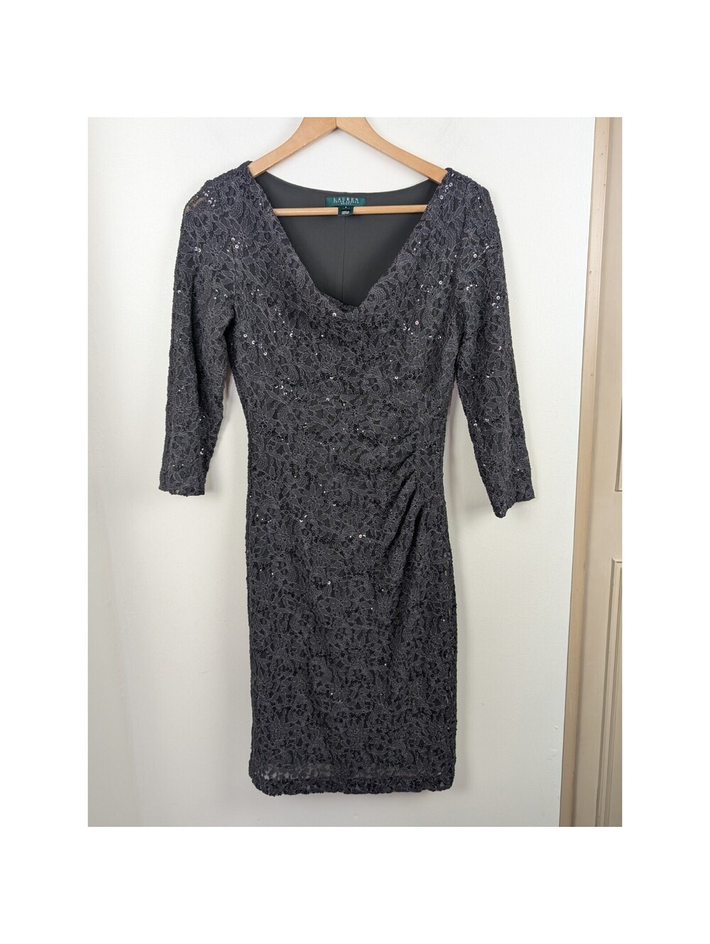 Ralph Lauren Size 6 Charcoal Gray Dress Lace Cowl Neck Knee Length Pencil